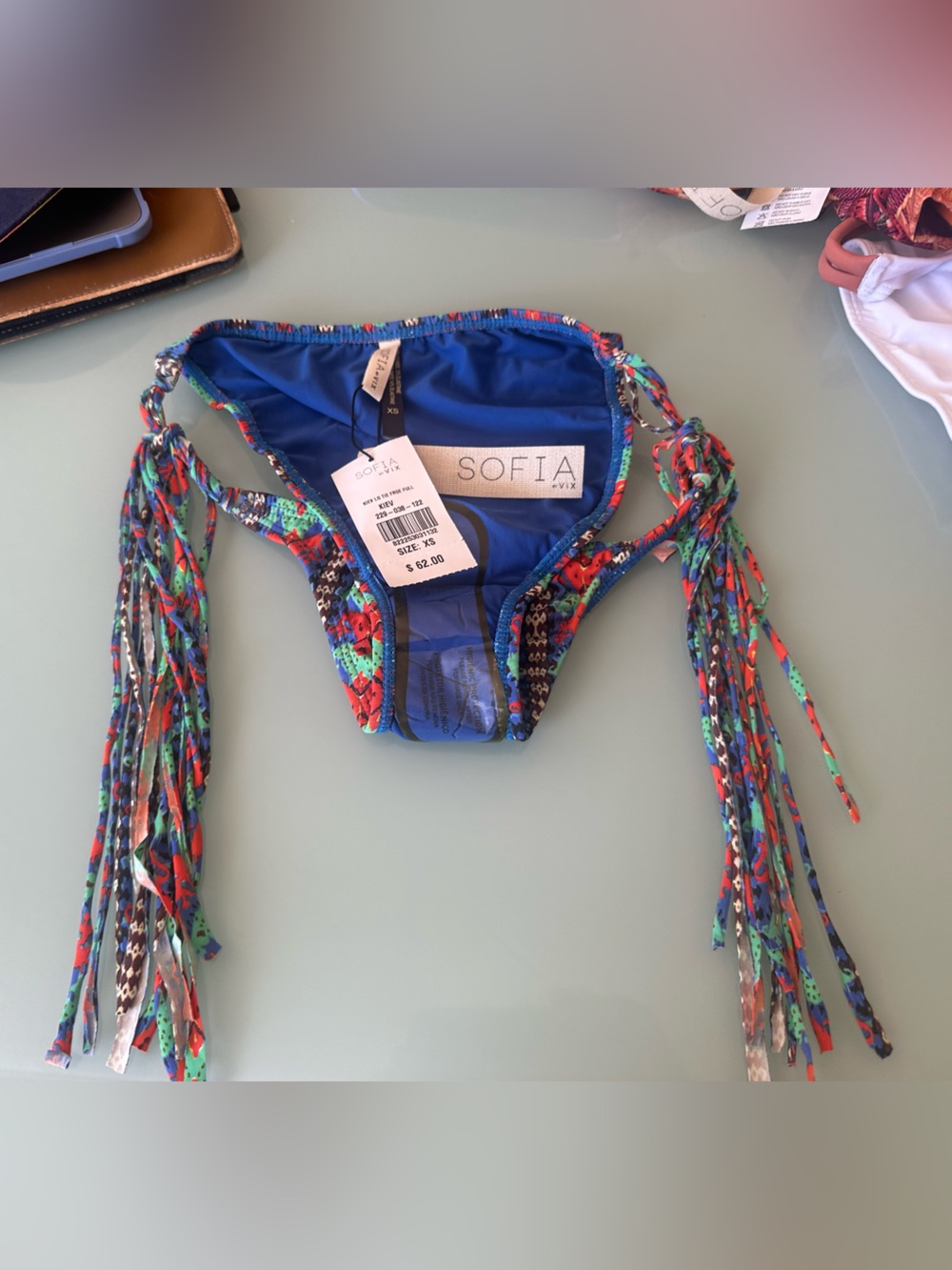 SOFIA by ViX Royal Blue Floral Tie-Side Bikini Bottom with Multicolor Fringe